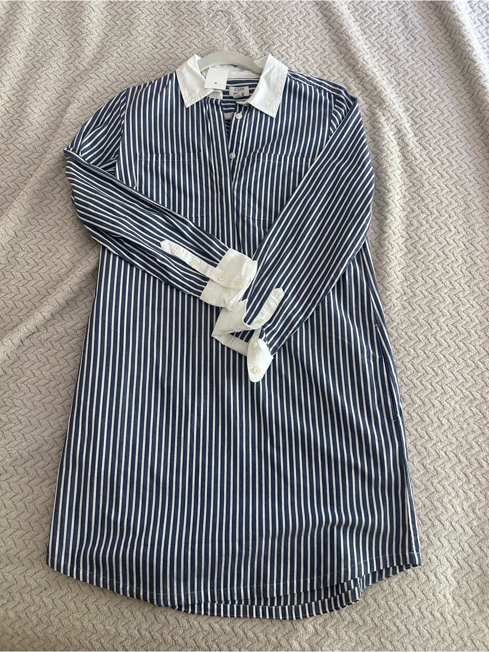 J. Crew Navy and White Striped Long-Sleeve Shirt Dress with Contrast Collar